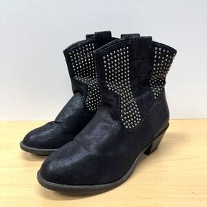 Blue Suede Shoes Cowboy Ankle Boots, Sz 6.5, Black Faux Suede‎ Rhinestone Studs